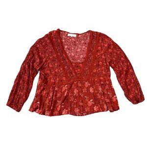 Red Floral Print Peasant Blouse Long Sleeve V Neck Women's 2X Boho Feminine Top